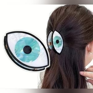 Large Hand-Painted Greek Evil Eye Mother of Pearl/Turquoise Metal Hair Claw Clip